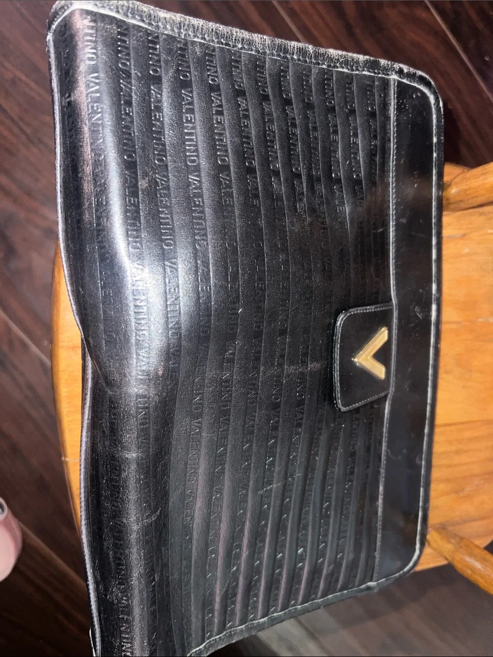 Valentino Black Leather Men's Laptop Document Case with Gold V Emblem